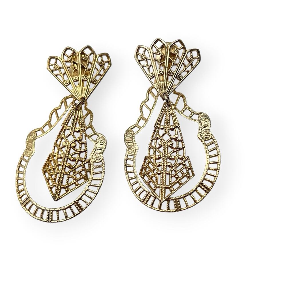 Dangle Earrings Gold Tone Vintage Art Deco 1950s Retro Glam Screw Back Filigree
